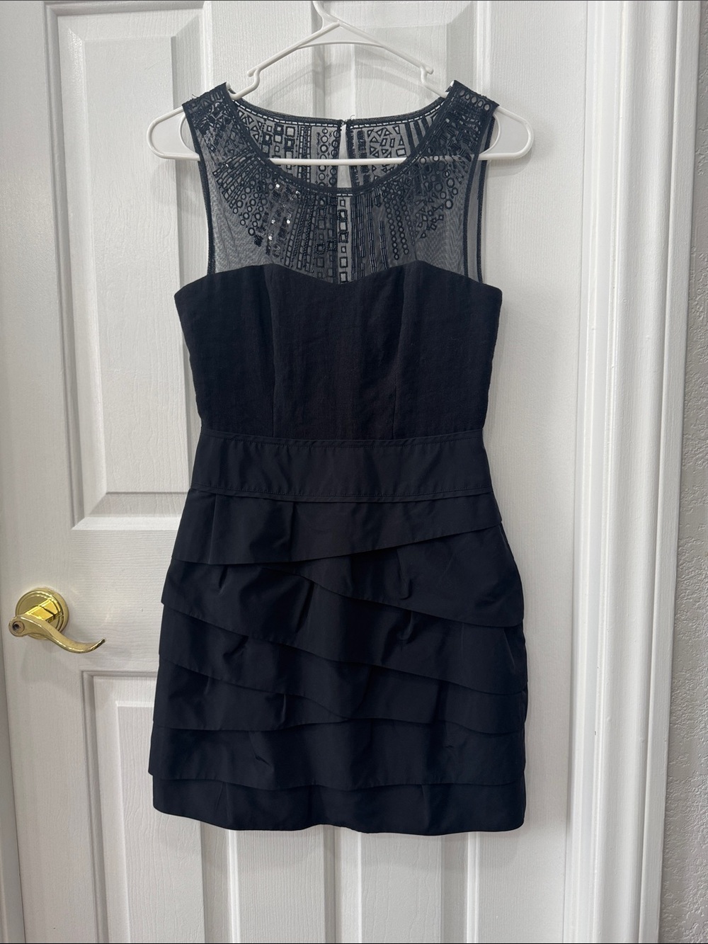 BCBGMaxAzria Black Sheer Yoke Tiered Mini Dress